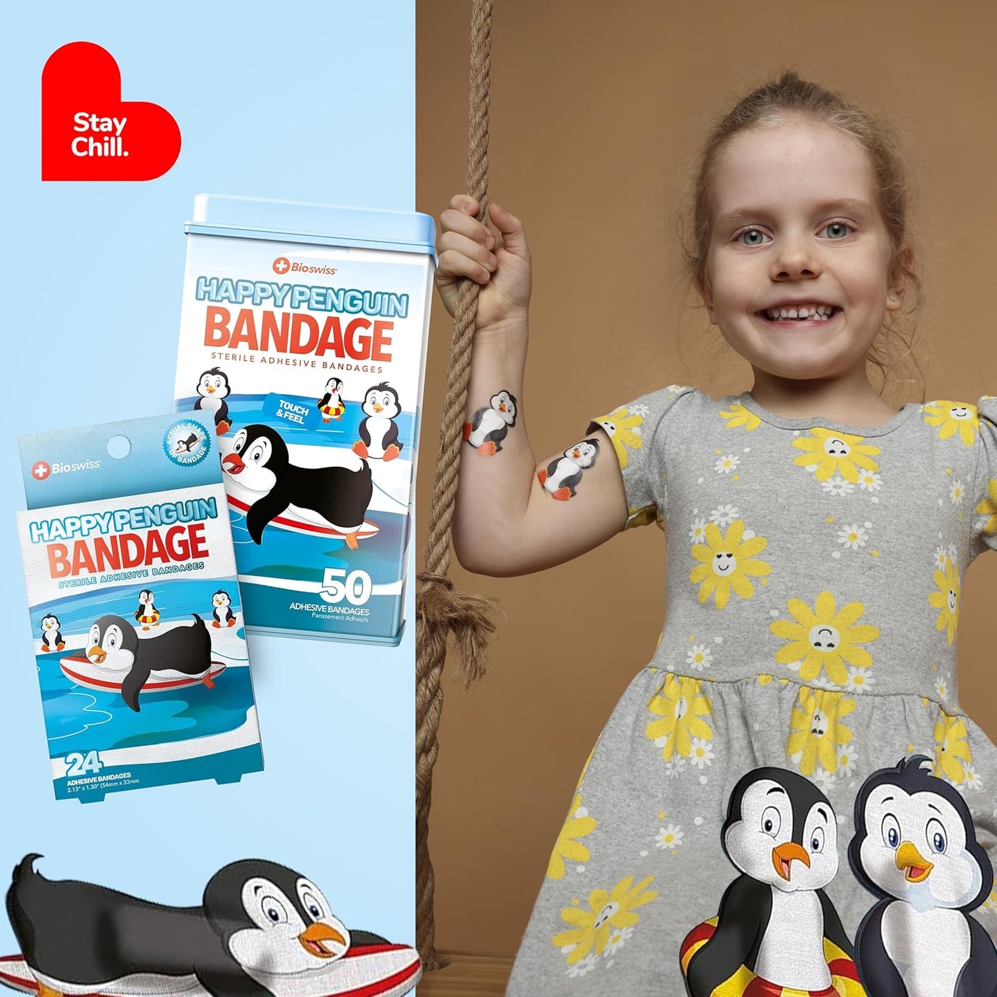 BioSwiss Kids Bandages, Penguin Shaped Self Adhesive Bandage Set, Latex Free, Sterile Wound Care, 24 Count
