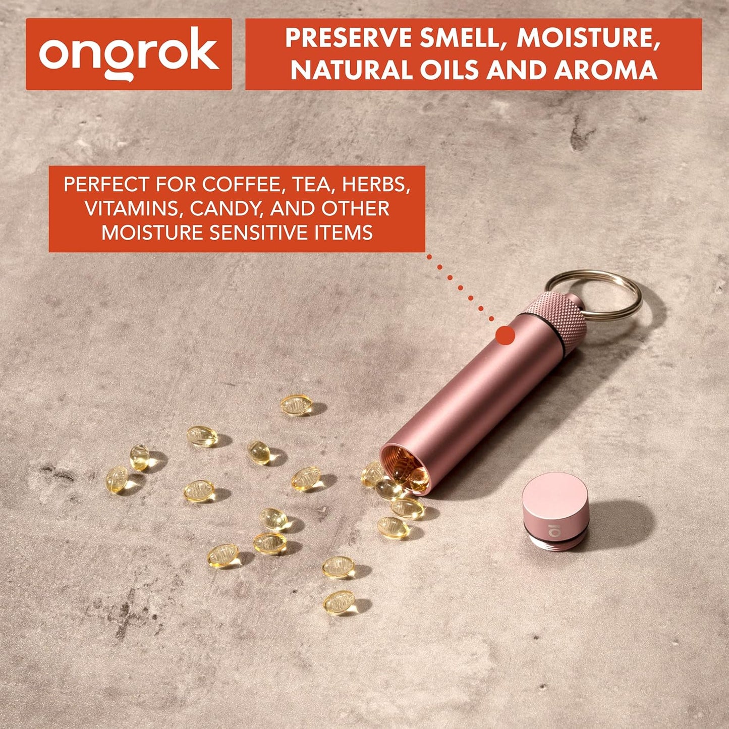 ONGROK Premium Storage Tube, Keychain, Pocket-Sized, Airtight, Aluminum Metal Holder and Case (Rose Gold)