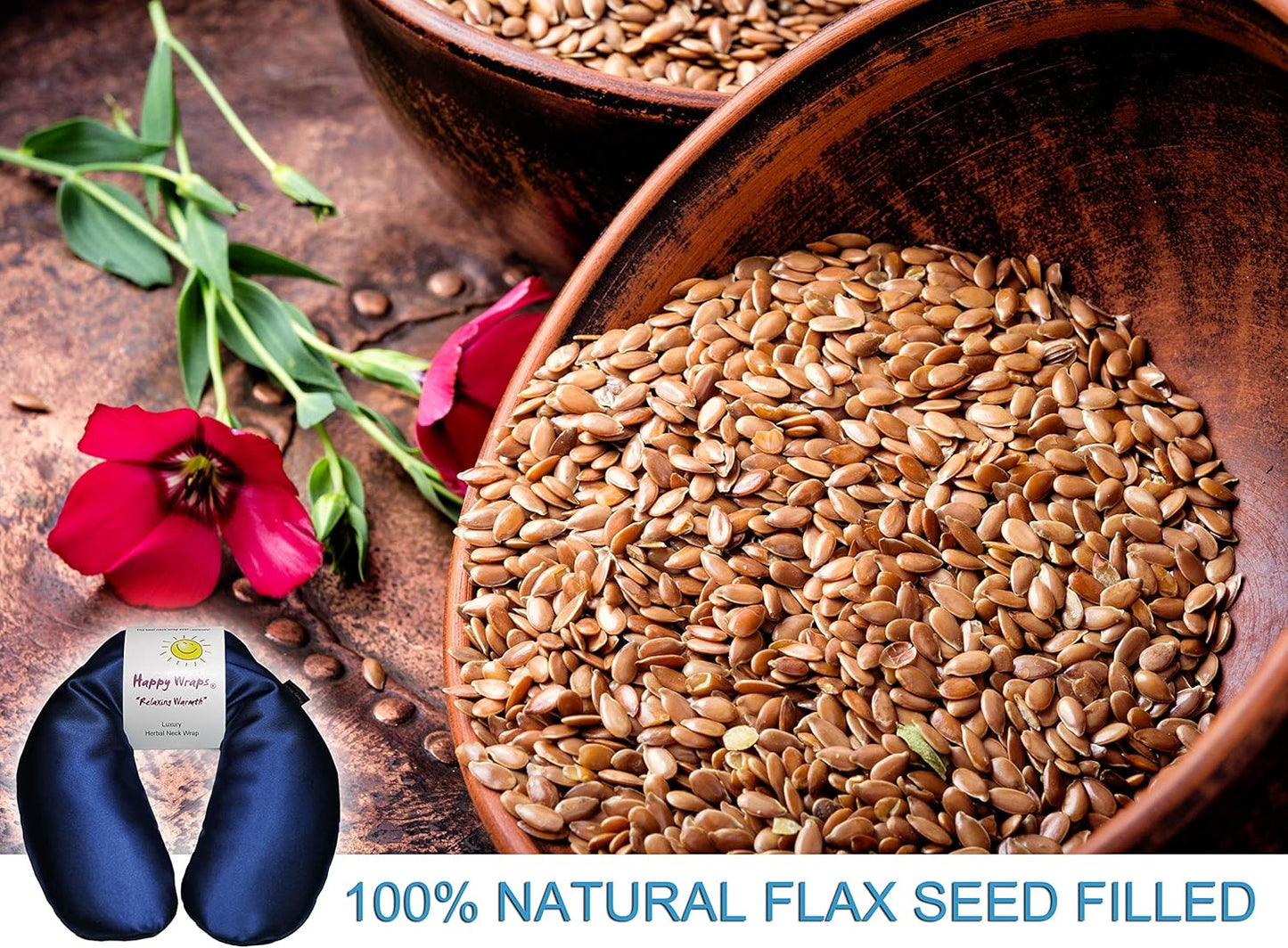 Microwavable Herbal Neck Wrap - Hot Cold Aromatherapy Neck Warming Pillow - Heating Pad for Migraines, Stress, Gifts for Women, Birthdays, Christmas and Free Sleep Mask - Sapphire Satin