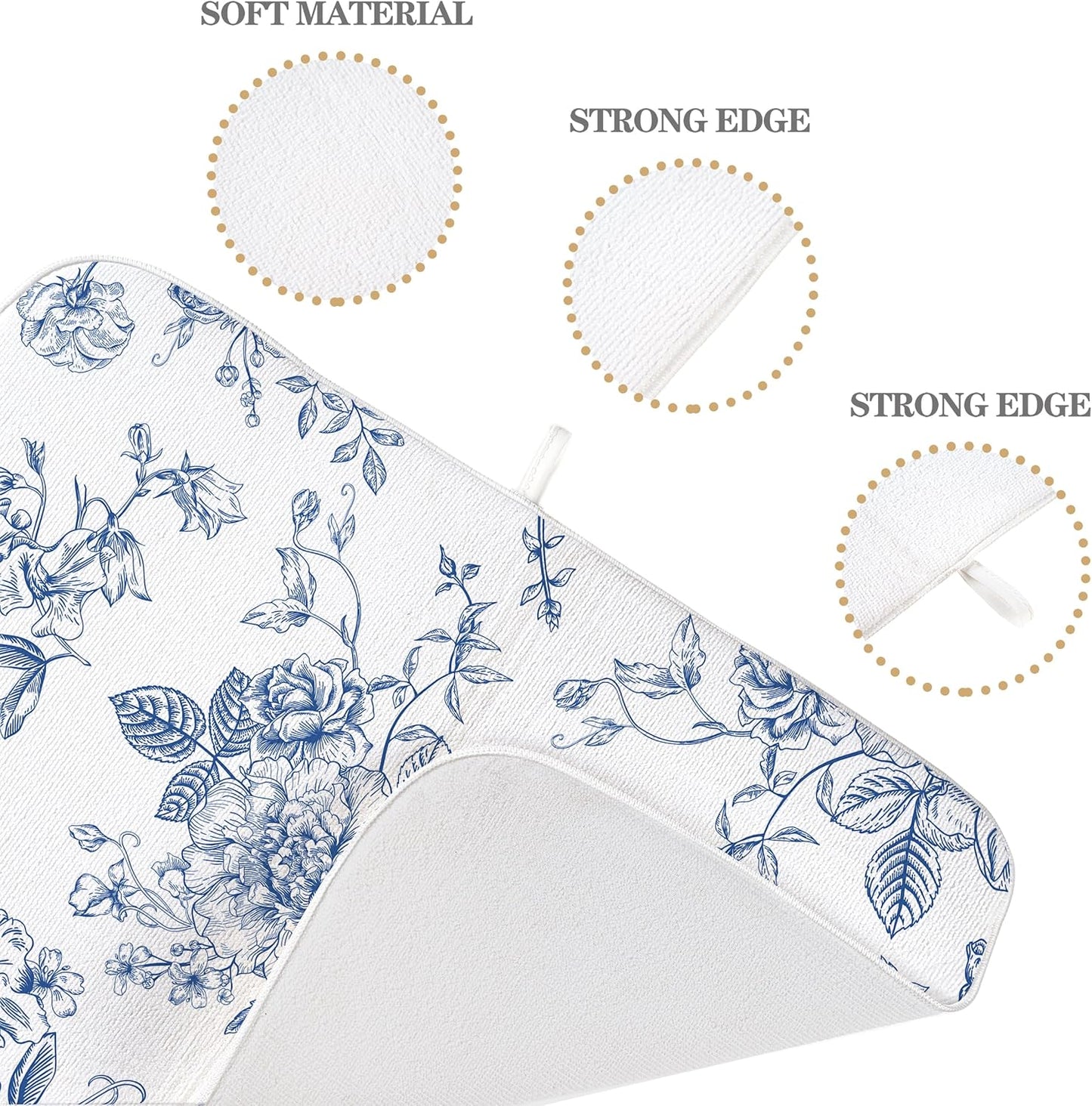 Blue Floral Dish Drying Mat for Kitchen Counter, 18x24 Inch Chinoiserie Flower Absorbent Dish Drying Pad Heat Resistant Mat Coffee Bar Mat Dish Drainer Rack Mat