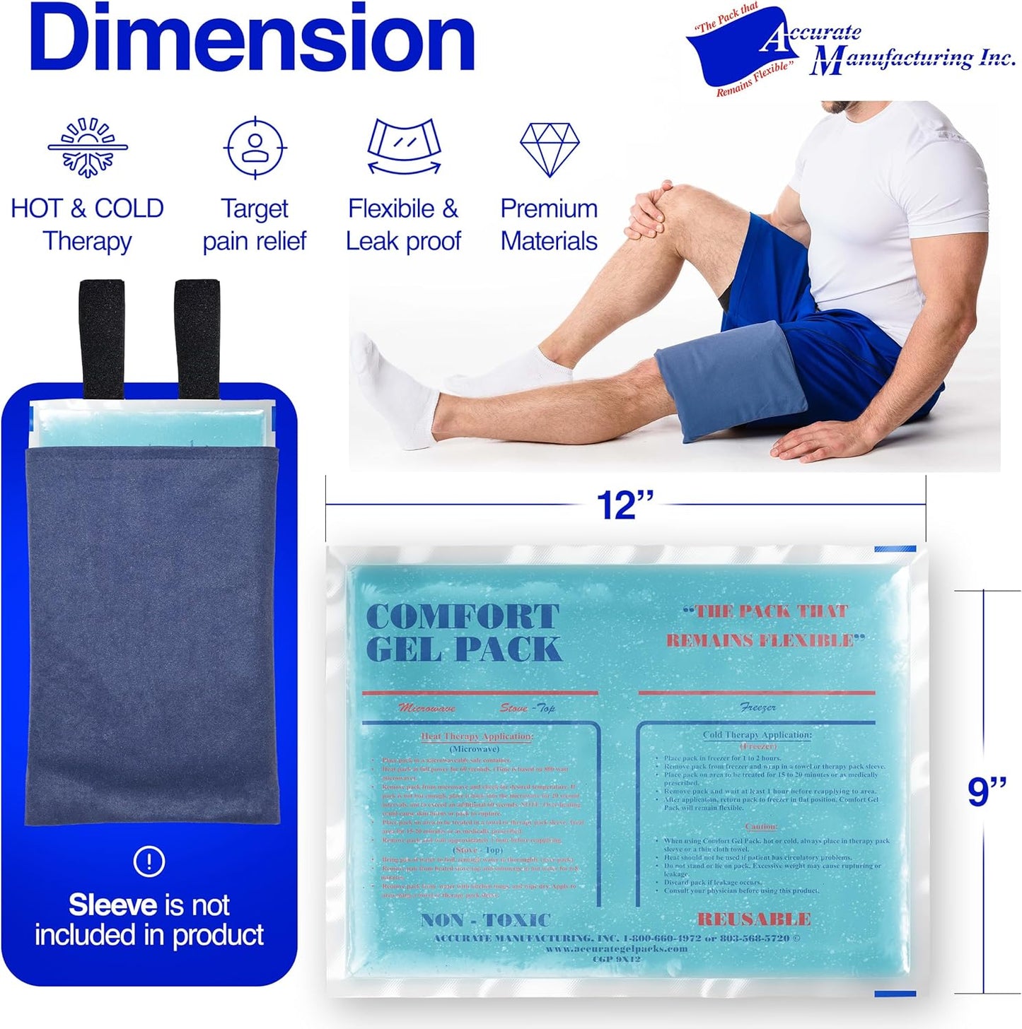 Flexible Reusable Gel Packs for Neck, Wrist, Arm, Back and Shoulder Pain Relief - Versatile Hot or Cold Gel Packs for Injuries, Sore Muscles or Toothache Pain Relief, Blue, 9" x 12", 2 Pack