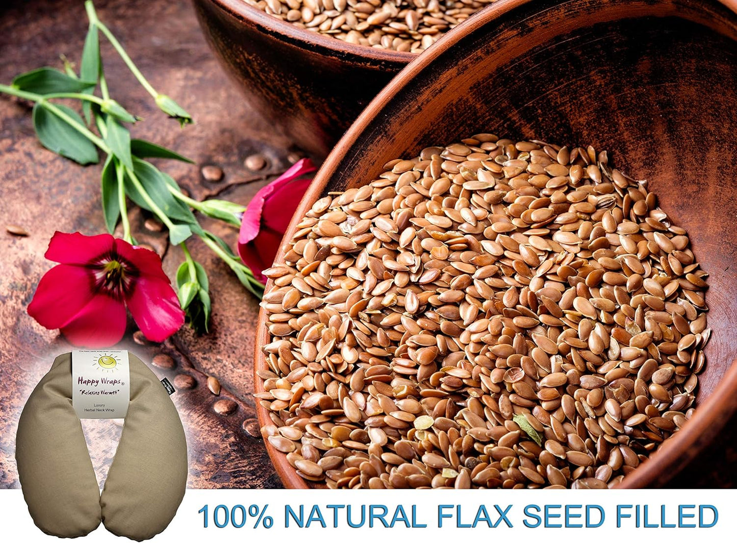 Microwavable Herbal Neck Wrap - Hot Cold Aromatherapy Neck Warming Pillow - Heating Pad for Migraines, Stress, Gifts for Women, Birthdays, Christmas and Free Sleep Mask - Tan Cotton