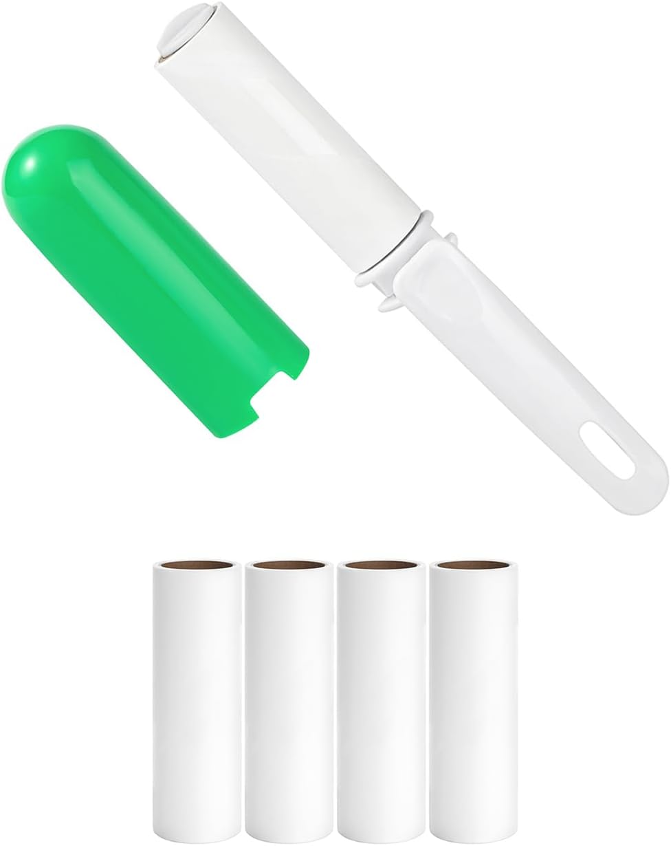 Travel Lint Roller for Clothes Reusable Mini Lint Remover and 4 Refills for Pet Hair Extra Sticky Total 150 Sheet Small Folding Lint Roller Portable in Pocket Purse Car (Green)