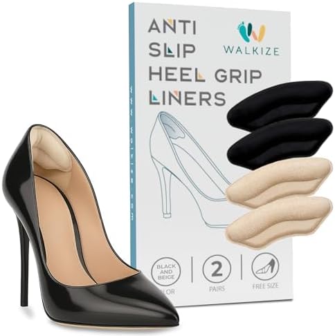 Walkize Anti Slip Heel Pads for Shoes Women & Men - Cushioned Heel Grips - Shoe Inserts for Women - Blister Prevention, Heel Pain Relief & Comfort in High Heels, Dress Shoes (2 Pairs, Beige & Black)