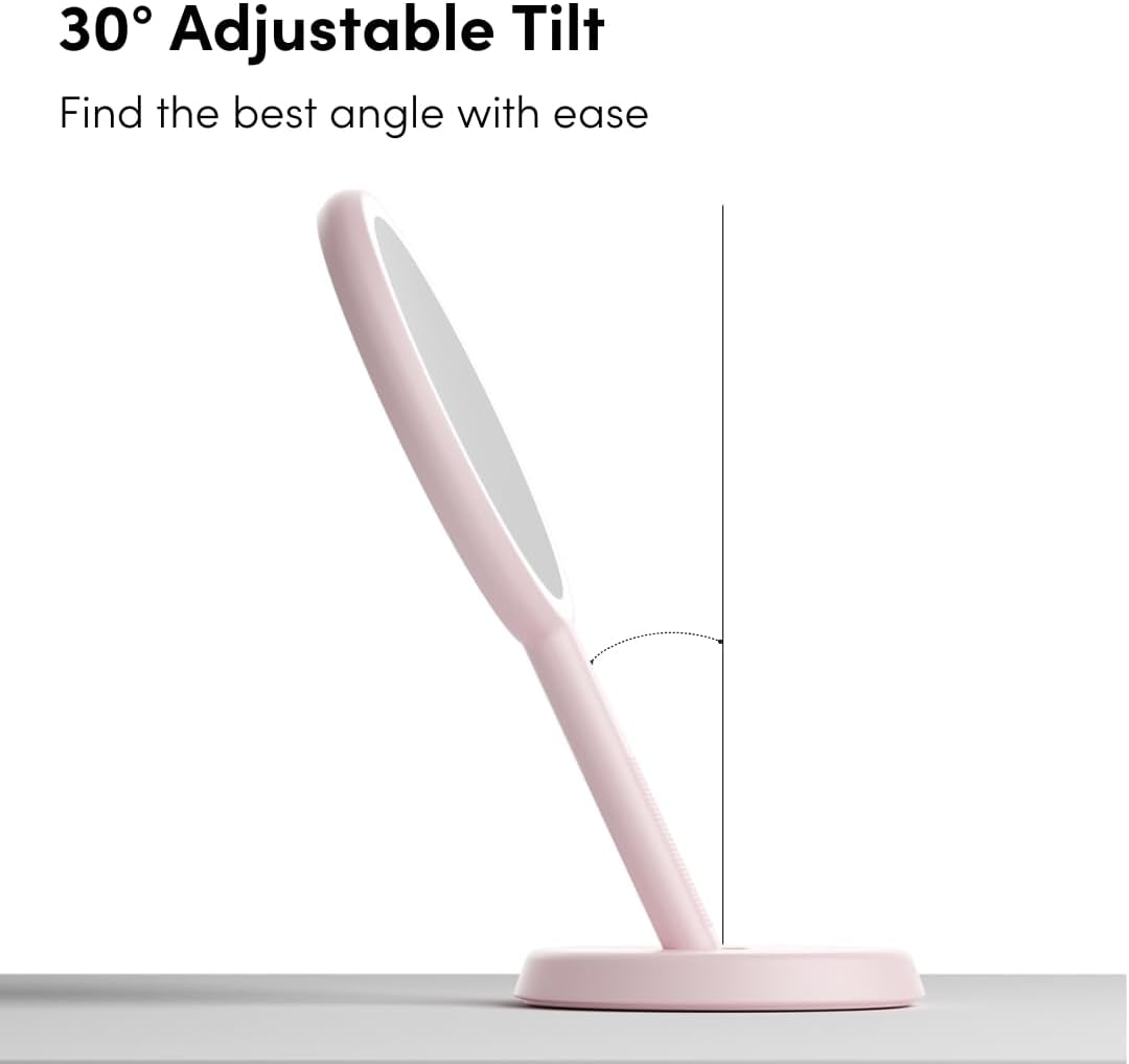 Fancii Cami Handheld Travel Makeup Mirror with Lights, Rechargeable, Extra Large, Double Sided 5X / 1X Magnifying Mirror - 3 Color Lighting, Handheld or Vanity (Strawberry Cream)