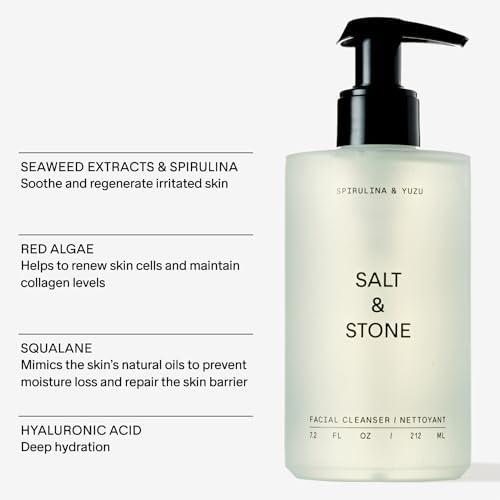 Salt & Stone Facial Cleanser for Women & Men, Spirulina & Yuzu Gentle Facial Wash with Hyaluronic Acid, Squalane, For All Skin Types, Vegan, Cruelty Free, 7.2 oz