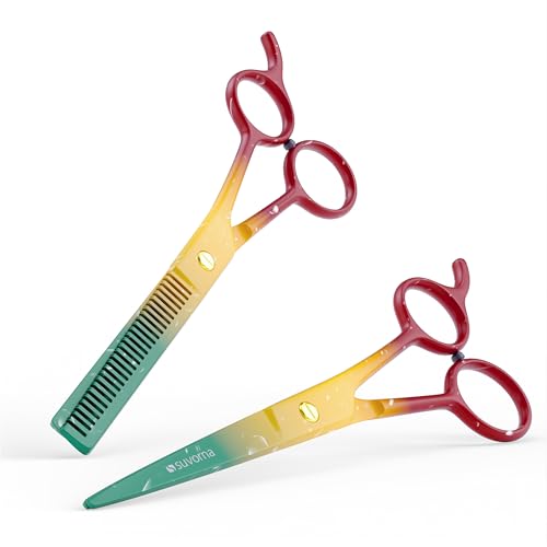 Suvorna 6.5" Professional Hair Scissors Set with Thinning Shears for Hair Dressers, Barbers and Professionals - Sharp Hair Cutting Scissors Set for Thinning, Layering and Cutting (Red Yellow & Green)