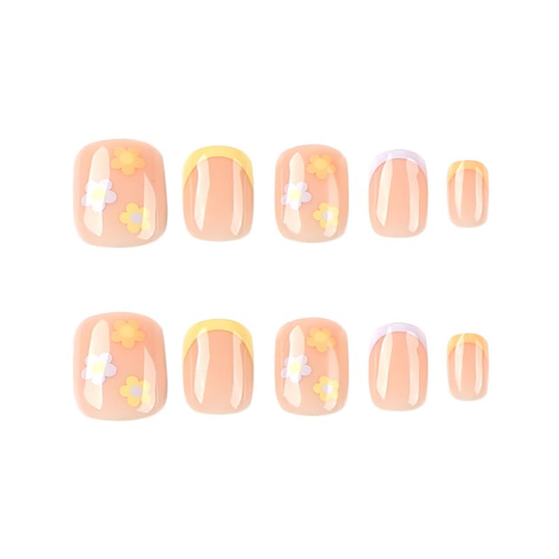 Summer Fall French Press on Nails Short Square, Pink Fake Nails with Colorful French Tip and Cute Blossom Designs, Glossy Gel Finish Acrylic Nails, Thick Reusable Glue on Nails for Women, Candy Tips