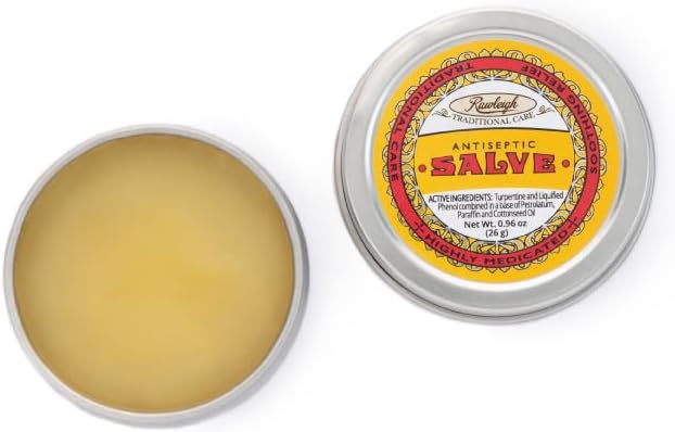 Rawleigh Antiseptic Yellow Salve Small Tin: 0.96 oz, Natural, Multi-Purpose Ointment Soothes Skin Cuts, Bruises, Irritations, with Turpentine, Phenol, Cottonseed Oil, Original Formula - Pack of 3
