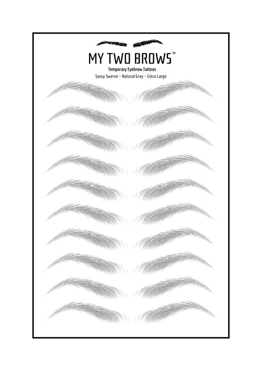 (10 pairs) Natural Gray Temporary Eyebrow Tattoo - Extra Large Size - Waterproof & Smudgeproof - Sassy Swerve Style Eyebrow Stickers - Sheet Lasts up to 30 Days - Won't Work on Existing Brows