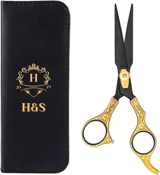 H&S GoldBlack Series Professional Hair Cutting Scissors | Premium Japanese Stainless Steel | 6.5” Hair Shears, Barber Accessories & Hair Salon Supplies | Beard & Moustache Grooming