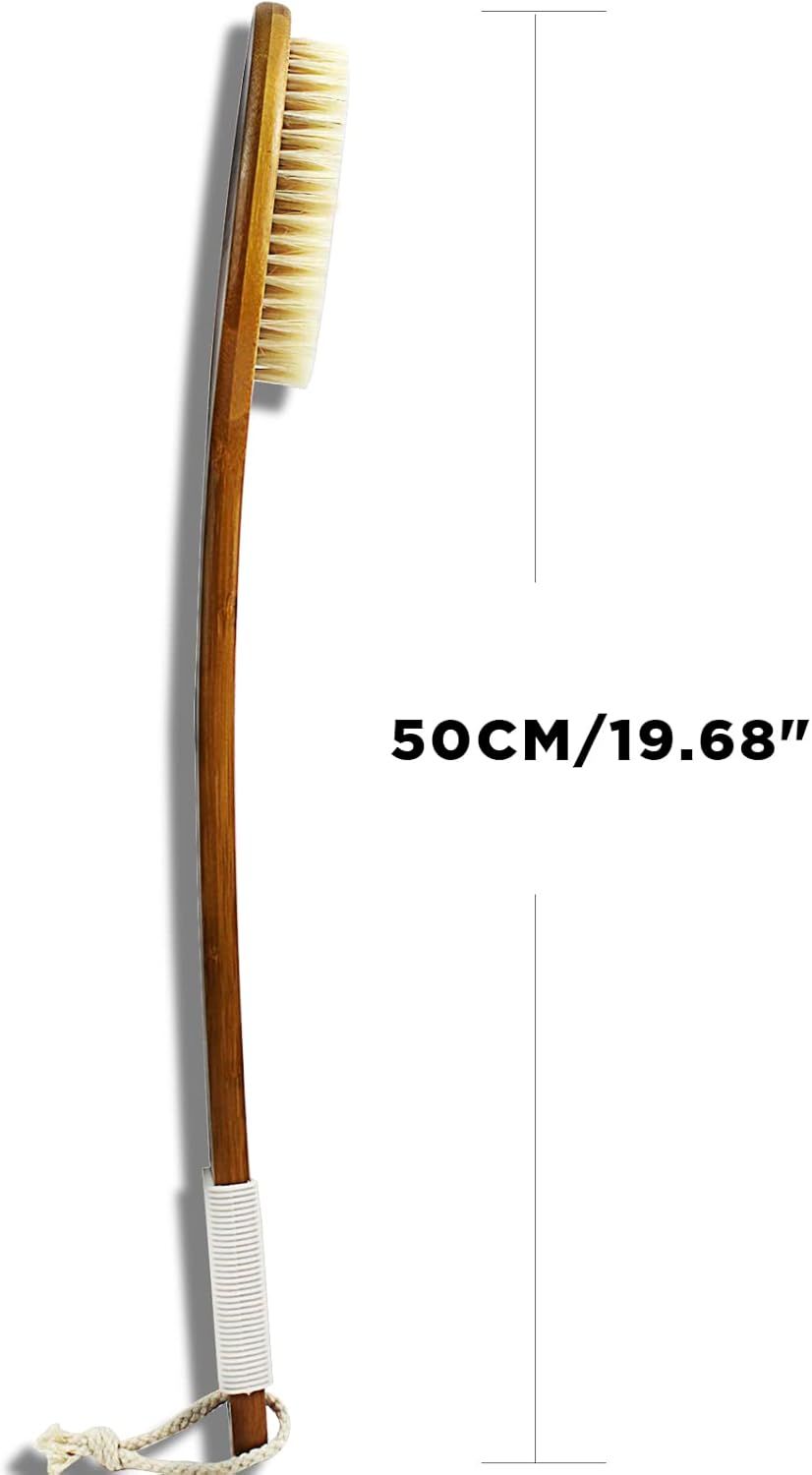 ICANdOIT-19.68Inch Natural Boar Bristles Anti-Slip Extra Long Handle Bath Brush,Bent Handle Shower Scrubber for Exfoliating,Shower Back Brush,Exfoliation Set with Pumice Stone (1 Pack)