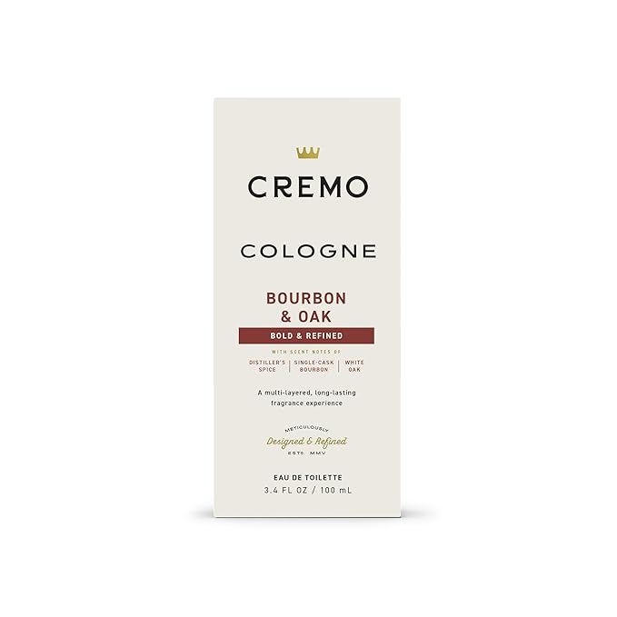 Cremo Cologne for Men - Bourbon & Oak Mens Cologne Spray - A Sophisticated Blend of Distiller’s Spice, Fine Bourbon and White Oak, Fragrances For Men, 3.4 Fl Oz