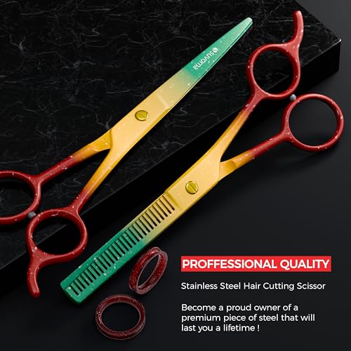 Suvorna 6.5" Professional Hair Scissors Set with Thinning Shears for Hair Dressers, Barbers and Professionals - Sharp Hair Cutting Scissors Set for Thinning, Layering and Cutting (Red Yellow & Green)