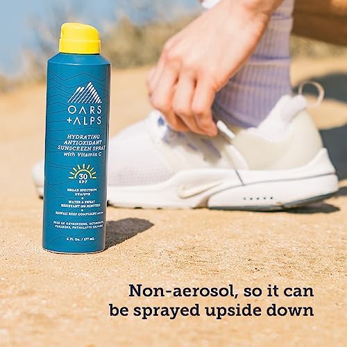 Oars + Alps Sunscreen Spray for Face & Body, SPF 30 Spray Sunscreen Infused with Vitamin C & Antioxidants, No White Residue, Water & Sweat Resistant, All Skin Types, Lightweight, Hydrating, 6oz, 1pk