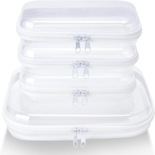 4 pcs Clear Zipper Pouches,Hard Shell Zipper Case, Toiletry Bag for Travel, CLear Diaper Bag, Toiletry Pouch, Travel Organizer, Clear Cosmetic Bag,Toy Storage Bins (M+3S)