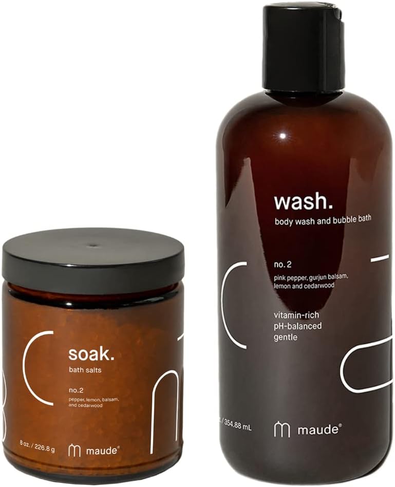 Maude No. 2 Bathtime Bundle - Soak Mineral Bath Salts with Hand-Harvested Dead Sea Salt Crystals and Vitamins (8 oz) + pH Balanced Gentle Body Wash Bubble Bath with Vitamin B3, B5, C, and E (12 oz)