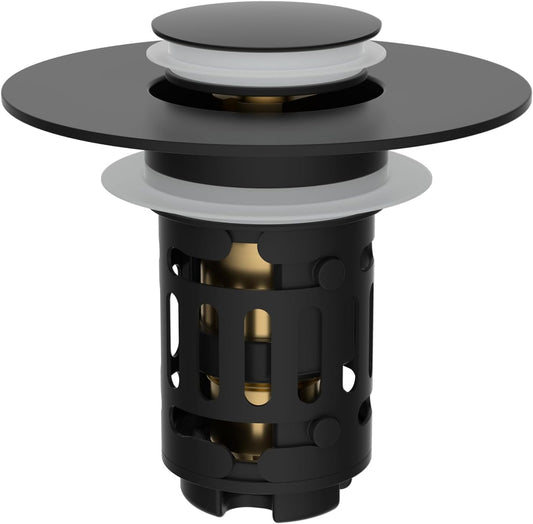 Hibbent Upgraded 3 in 1 Bathroom Sink Drain Strainer, Universal Pop Up Stopper, Removable Stainless Steel Filter Basket Hair Catcher, Sink Plug for 1.1''~2.36'' Basin, Brass Bullet Core, Matte Black