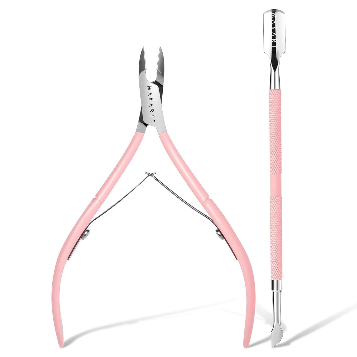 Makartt Cuticle Trimmer with Cuticle Pusher - Stainless Steel Cuticles Nipper with Dual Spring, Ergonomic Handle, 7mm Blade & Dual-Ended Pusher for Nail Care & Gel Removal, Pink