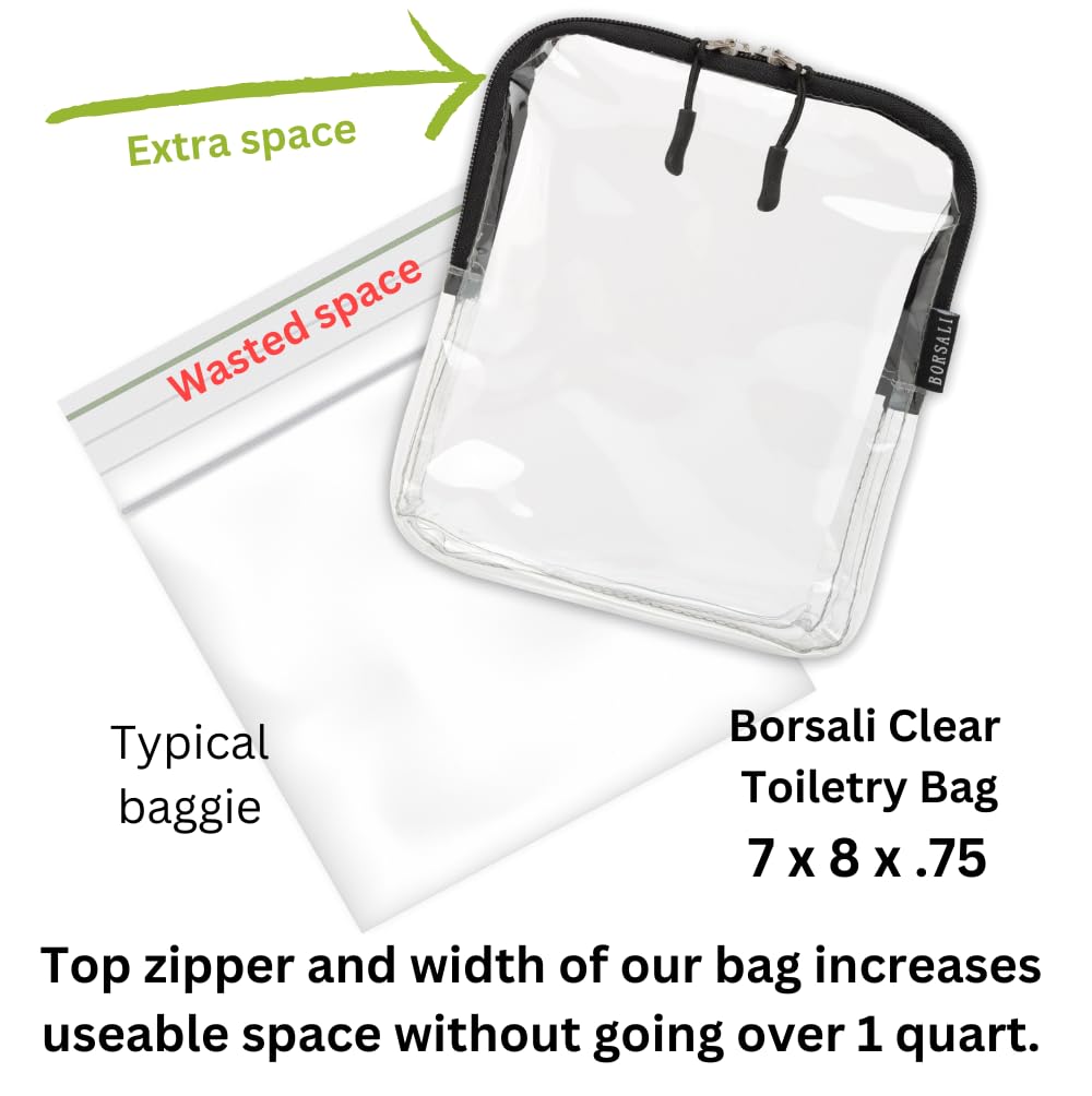BORSALI TSA-Approved Quart-Sized Bag for Carry-On Travel - One (1) Quart Clear Toiletries, Cosmetic and 3-1-1 Liquids Toiletry Bag - Black With Handle