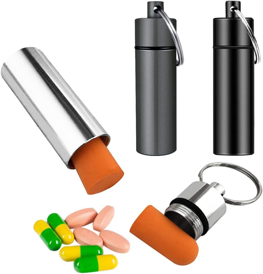 3 Packs Keychain Pill Holder, EFFIET Waterproof Pill Fob Case Box Outdoor Container for Emergency Medicine Drugs, Foam Earplug Storage Case with Ear Plugs (Silver-Matt-Black)