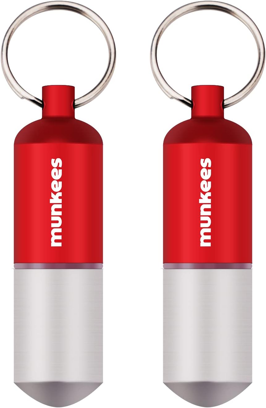munkees Portable Pill Case Small Waterproof Capsules EDC Keychain, Travel Pill Bottle for Camping, Hiking, Backpacking, Compact Valuables Container for Outdoors 2-Pack