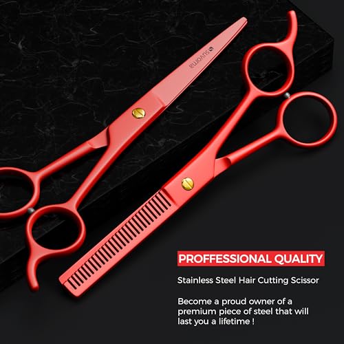 Suvorna 6.5" Professional Hair Scissors Set with Thinning Shears for Hair Dressers, Barbers and Professionals - Extremely Sharp Hair Cutting Scissors Set for Thinning and Layering (Red)