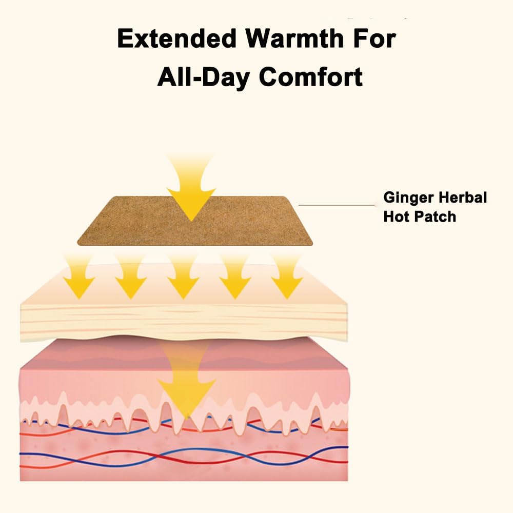 100 Count Ginger Self-Heating Patches | Long-Lasting Comfort for Back, Neck, Shoulders, Knees & Joints | 8-Hour Herbal Warming Pads (12x8cm)