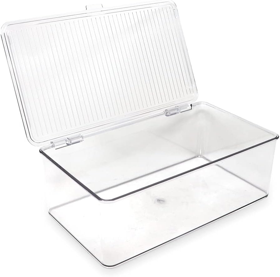 Isaac Jacobs Medium Stackable Organizer Bin (10.75”x6.5”x3.7”) w/ Hinged Lid, Clear Storage Box, Home, Office, School, Fridge, Bathroom, Kitchen, Pantry Container, BPA-Free, Food Safe (Medium, Clear)