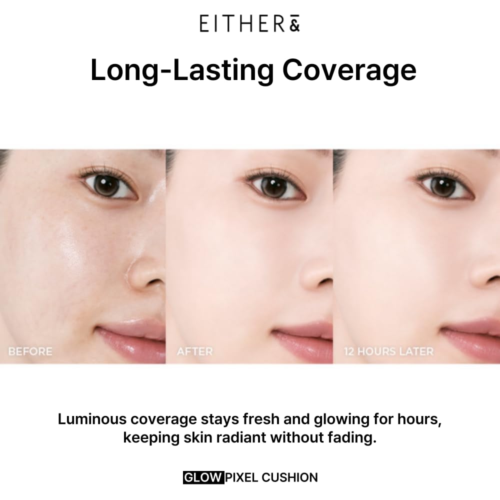 EITHER& Glow Pixel Cushion Foundation, Glowy Skincare, Korean Makeup, Natural Coverage, Moisturizing, Lightweight, Long Lasting Coverage for Flawless Skin (22.5P Dawn)