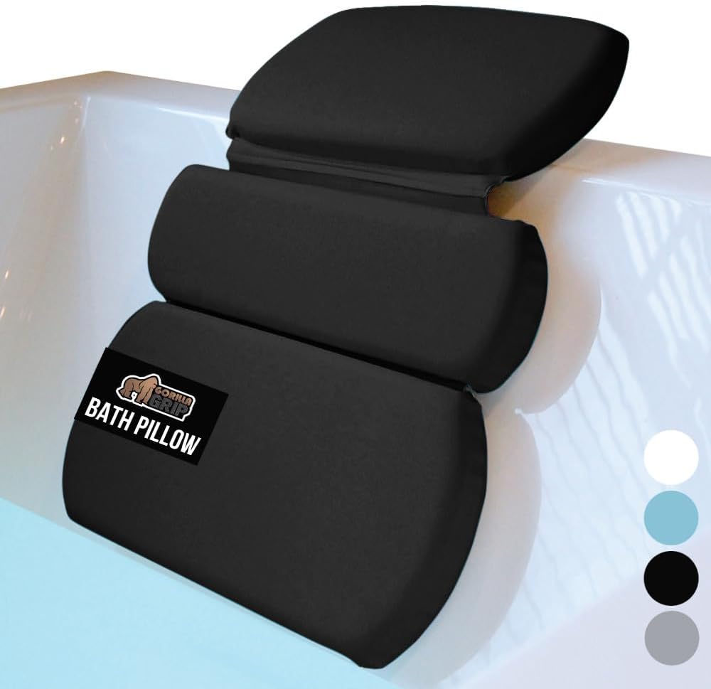 GORILLA GRIP Bath Pillow for Tub, Improved Suction Cups, Luxury Bathtub Pillows, Headrest for Neck and Back Support, Relaxing Home Spa, Hot Tubs and Bathroom Essentials, Gifts for Women, 3 Panel Black