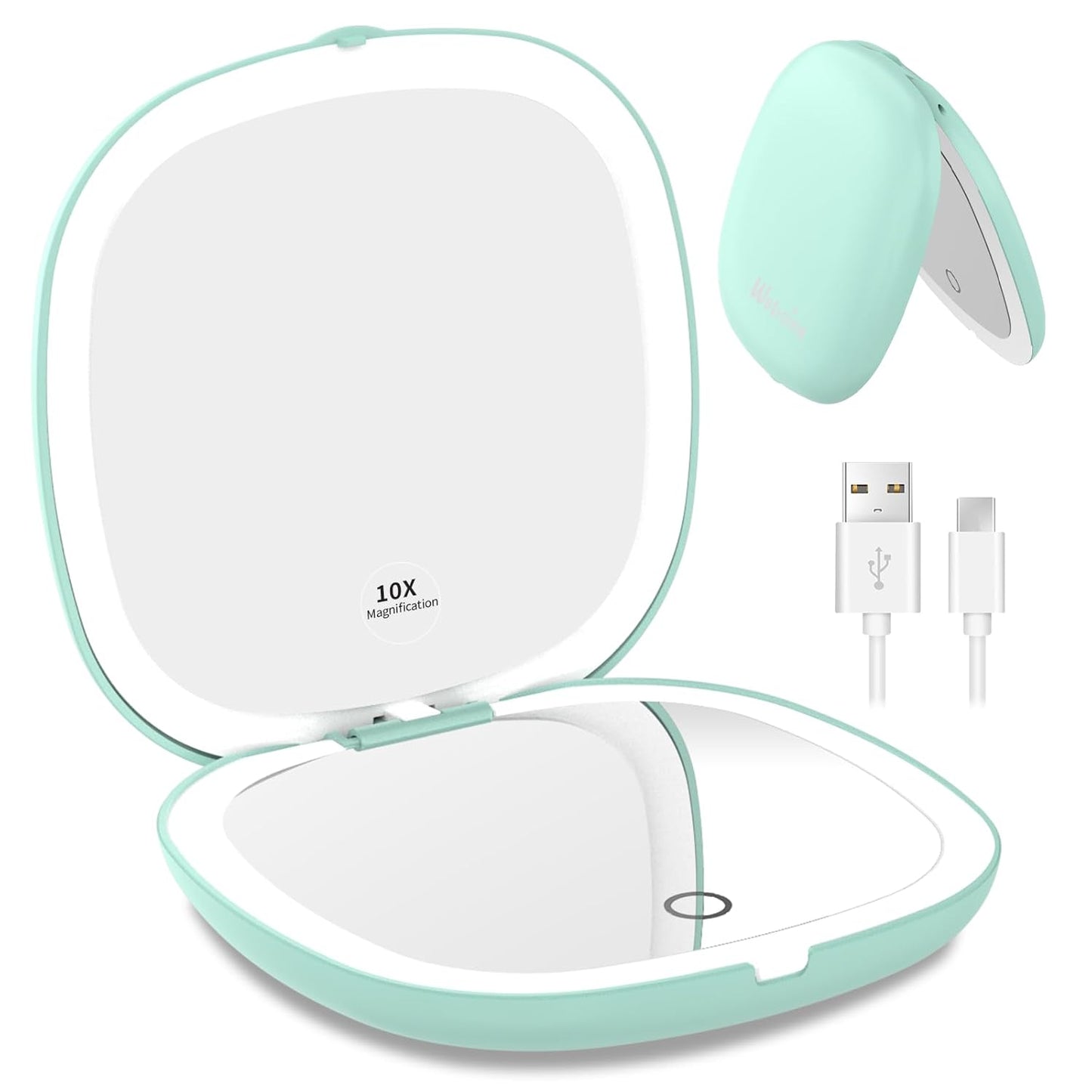 WOBSION Rechargeable Lighted Travel Makeup Mirror,1x/10x Compact Magnifying Mirror with Lights,Portable for Bag,4inch,Gift,Cyan