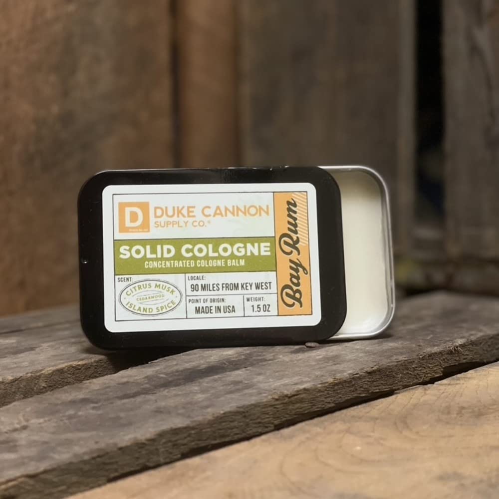 Duke Cannon Supply Co. Solid Cologne for Men Bay Rum (Citrus Musk, Cedarwood, Island Spice) - Concentrated Balm, Travel-Friendly Convenient Tin, 1.5 oz
