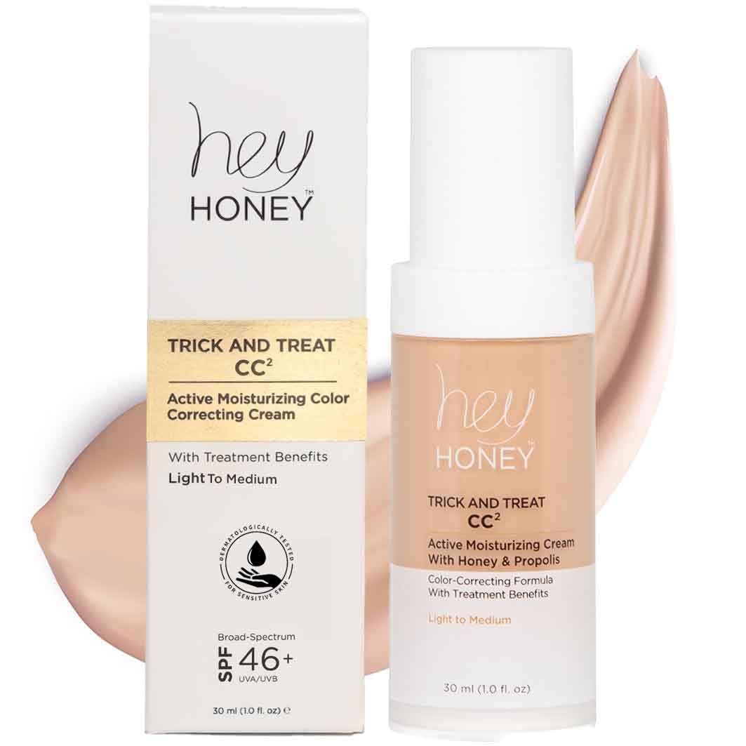 Hey Honey Trick and Treat CC Cream SPF 46 | Active Moisturizing Color Correcting Cream with Honey & Propolis | Best Cover For Rosacea, Skin Redness & Mature Skin | Cruelty-Free | 1 oz (Light-Medium)