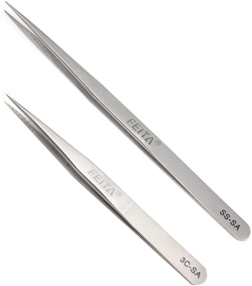 Professional Tweezers Set - FEITA Precision Tweezers with Travel Case - Stainless Steel Tweezers for Plucking, Watchmakers, Jewelry, Electronic, Craft (Silver 7Pcs)