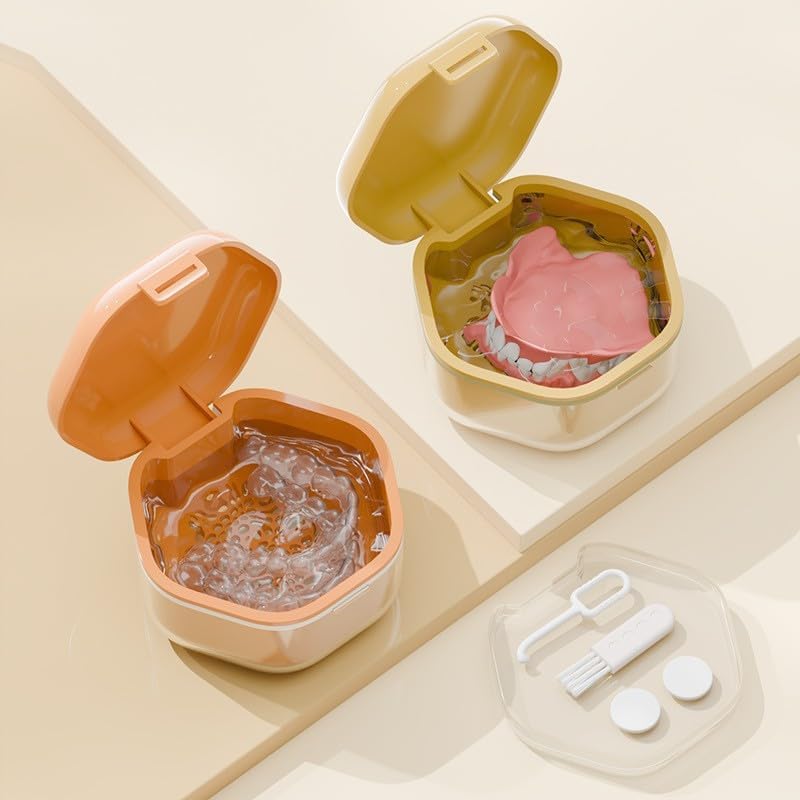 Double-layer Invisible Braces Orthodontic Retainer Storage Box,Retainer Case,Mouth Guard Case,Portable Denture Storage Washable Box with Hook,BPA-Free Teeth Whitening Storage Box (yellow)