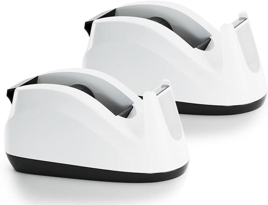 Heavy Base Nonskid Desk Tape Dispenser One-Hand Dispensing, White, 2 Pack