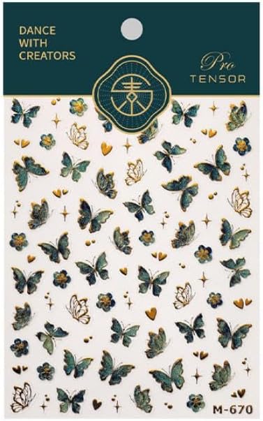 Butterfly Nail Art Stickers Green Golden Nail Decals Self Adhesive 5D Embossed Nail Sticker for Nail Art Spring Design for Women Girls Supplies Nails Decorations Accessories