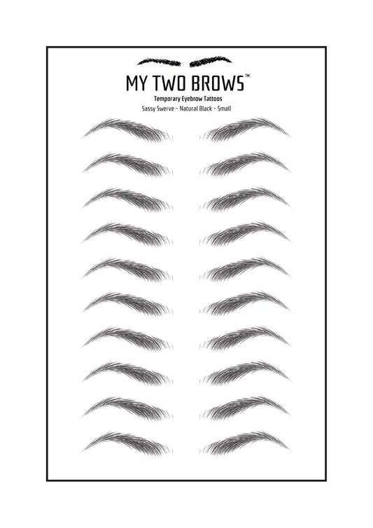 (10 pairs) Natural Black Temporary Eyebrow Tattoo - Small Size - Waterproof & Smudgeproof - Sassy Swerve Style Eyebrow Stickers - Sheet Lasts up to 30 Days - Won't Work on Existing Brows