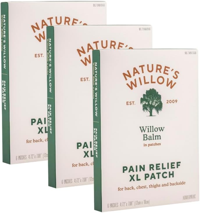Nature's Willow XL Natural Pain Relief Patches for Muscles & Joints | Fast-Acting with White Willow Bark | Free from Artificial Fragrances & Dyes | 18 XL Patches (3-Pack)