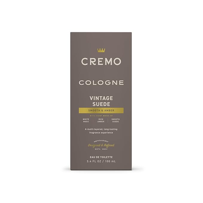 Cremo Cologne for Men - Vintage Suede Mens Cologne Spray- A Combination of White Moss, Rich Amber, and Smooth Suede, Fragrances For Men, 3.4 Fl Oz