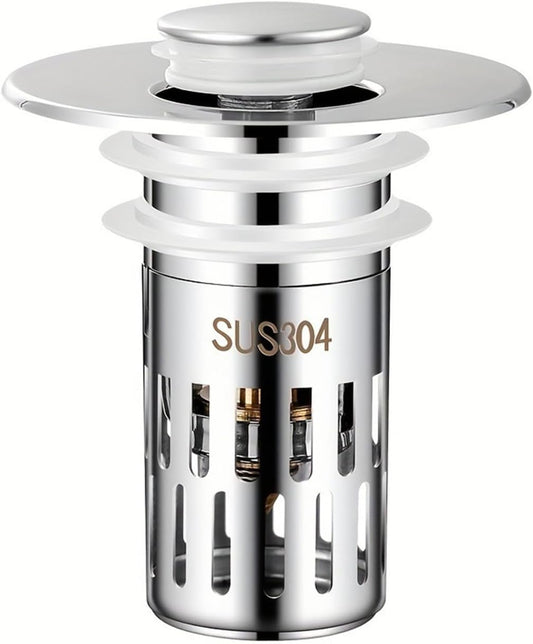 Bathroom Sink Stopper Hair Catcher, Pop-up Sink Drain Strainer with Removable Stainless Steel Strainer Basket Hair Catcher, Universal Drain Filter for Bathroom Sink Stopper Replacement (1PCS)