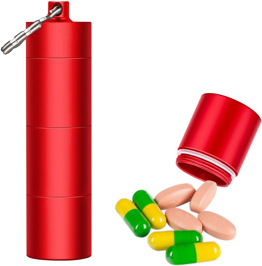 Portable Keychain Pill Case Holder, EFFIET 3 Compartments Metal Pocket Emergency Pill Container Box for Daily Supplyment (Rose Red)