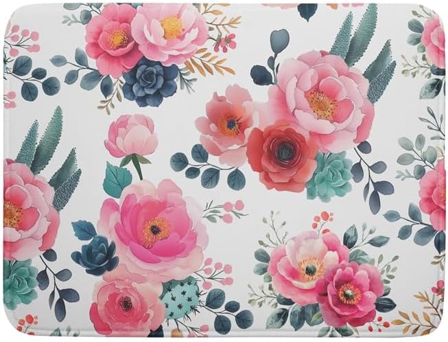 Spring Floral Dish Drying Mat for Kitchen Counter Spring Summer Flowers Kitchen Dish Drying Pad 18”x24” Absorbent Reversible Watercolor Flowers Dishes Drainer Pad Dish Drying Rack Mat for Countertop