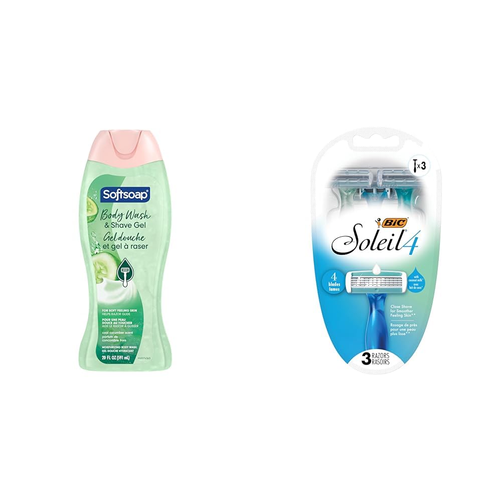 Softsoap Body Wash & Gel Cucumber, 20oz, pack of 1 + BIC Soleil Comfort 4-Blade Disposable Razors for Women Sensitive Skin Razor for a Smooth and Close Shave, 3 Piece Razor Set