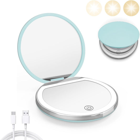 Compact Mirror with Light, 1X/3X Magnification LED Pocket Mirror with USB Data Cable,Mini Mirror for Purse, Pocket,Travel and Present (Mint Green)