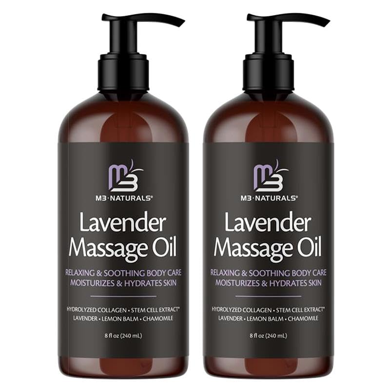 Lavender Massage Oil with Collagen and Stem Cells - Skin Firming Therapy Oil for Cellulite and Quick Absorption on Bum, Thighs, and Belly, 8 fl oz (Pack of 2) by M3 Naturals