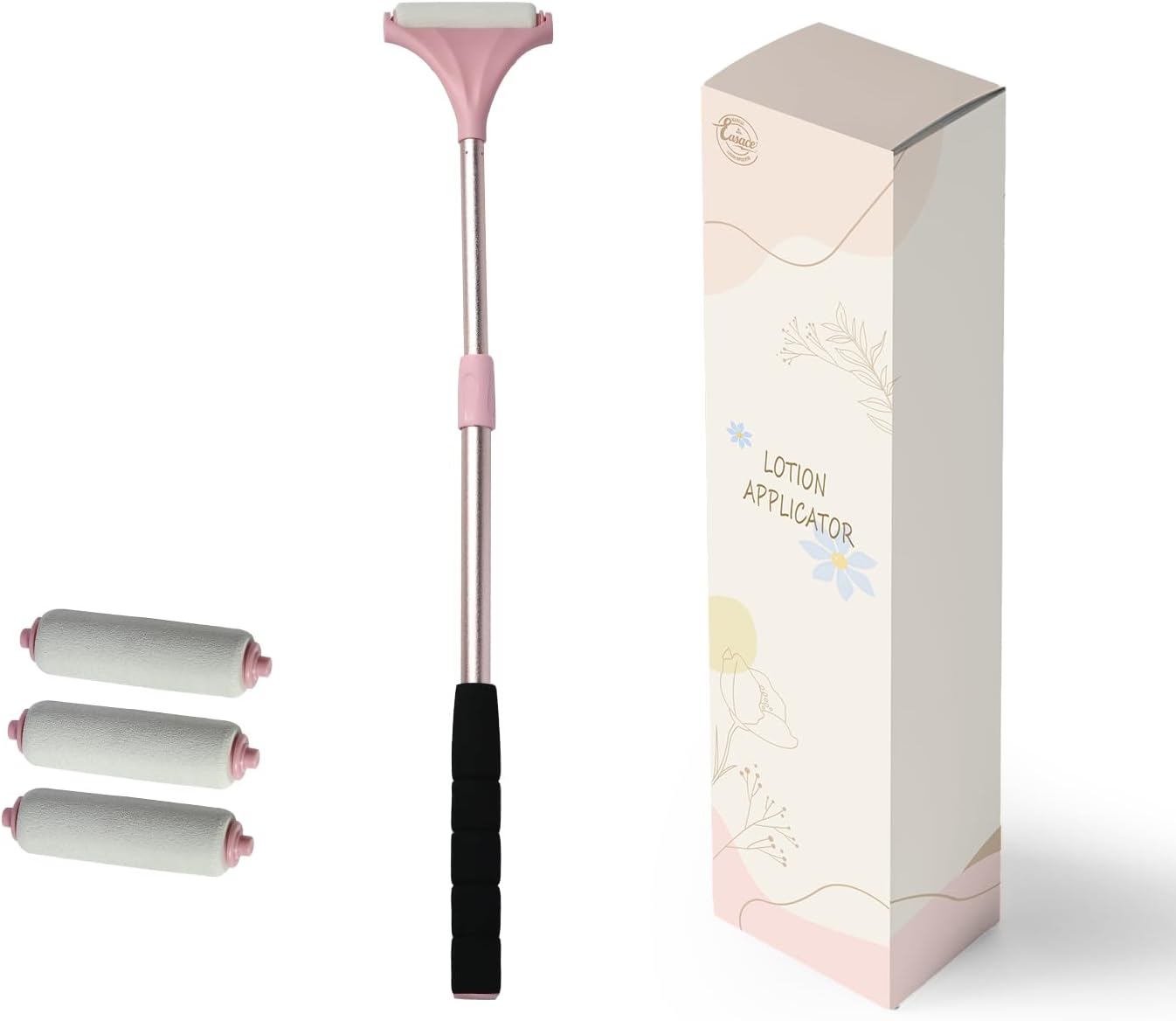 EASACE Lotion Applicator for Back,Portable 21inch Lotion Applicator with Long Handle,Extension Back Applicator Lotion with 3 Replacement Roller for Back self(Pink)