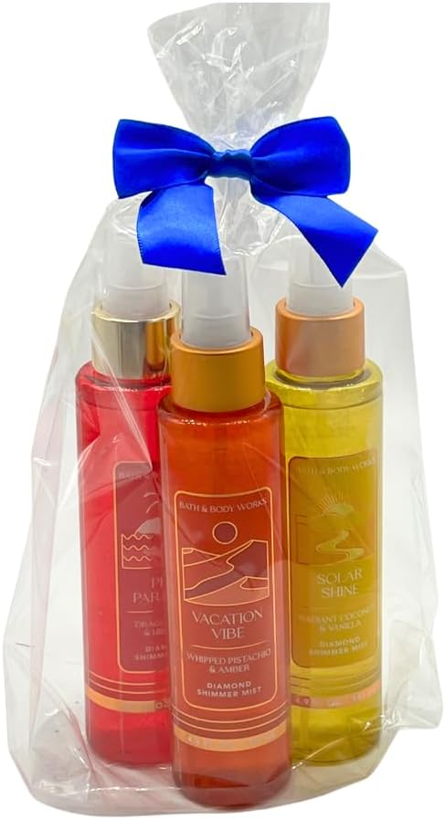 Bath & Body Works VACATION VIBE, PINK PARADISE, SOLAR SHINE Diamond Shimmer Mist - Gift Set with a Blue Bow for Holiday - 4.9 fl oz each - Summer Scents
