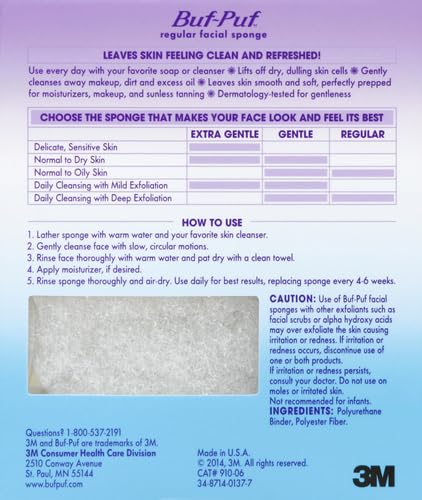 Buf-Puf Regular Facial Sponge, Dermatologist Developed, Removes Deep Down Dirt & Makeup that Causes Breakouts and Blackheads, Reusable, Exfoliating, White, 1 Count (Pack of 3)